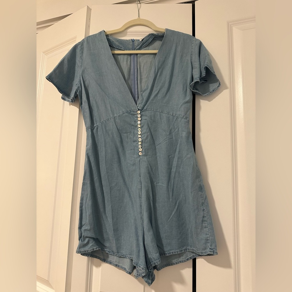 Zara Light Blue Denim Romper with Button Detail